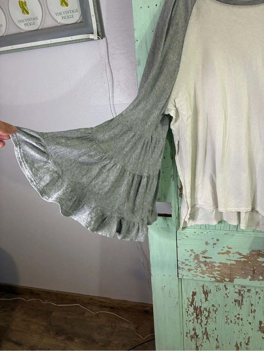 Free People Cream Top with Gray fluttered  Ruffle Sleeves